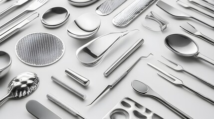 Fototapeta premium Variety of metallic utensils arranged on a surface.