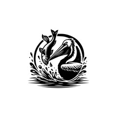 Obraz premium Dynamic black and white vector of pelican catching fish with expressive water movement in wildlife concept 