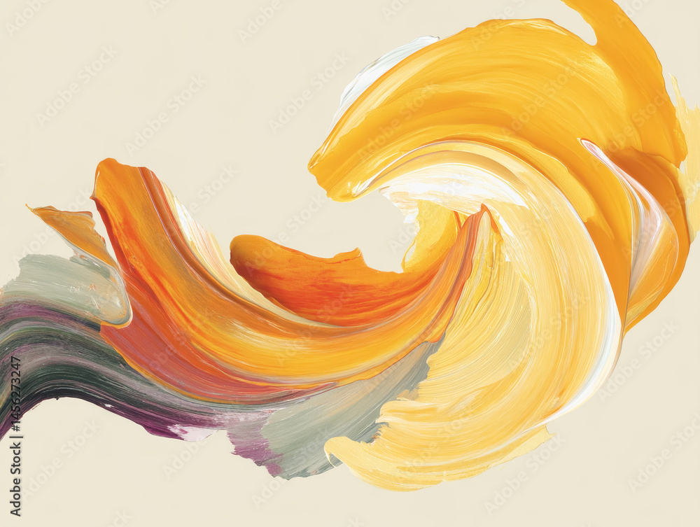 Poster striking abstract painting featuring a vibrant yellow and orange swirl creating a dynamic visual exp