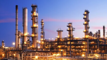 Oil refinery at night with dramatic lighting, showing flare stacks and complex piping systems