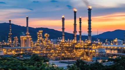 Oil refinery at night with dramatic lighting, showing flare stacks and complex piping systems
