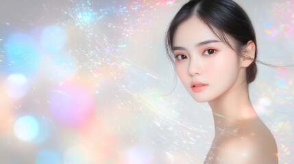 Beautiful Asian Woman Portrait with Iridescent Dreamy Light Effects