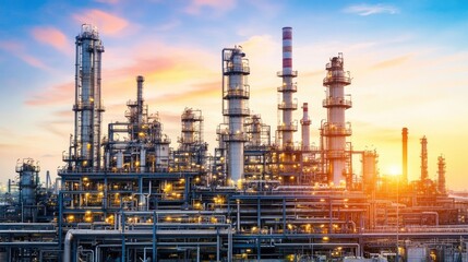 Fototapeta premium Oil refining towers at dusk with lights glowing against industrial skyline