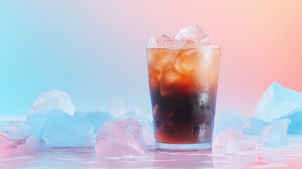 Side view of a gradient iced Americano showing espresso floating on top of cold water and ice 