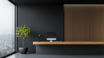 Modern office reception desk with a city view and decor