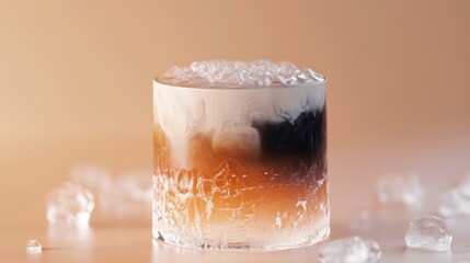 Side view of a gradient iced Americano showing espresso floating on top of cold water and ice 