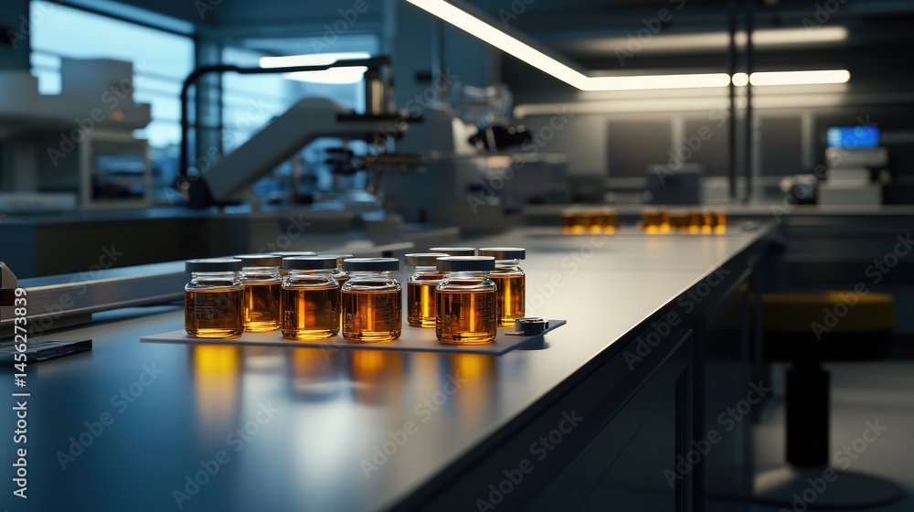 Poster oil sample jars arranged on a lab table with test instruments in background