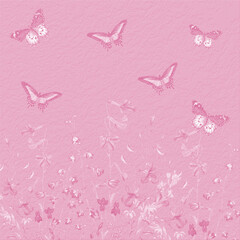 Soft pink background with delicate butterflies and floral accents. Feminine whimsical design ideal for baby themes, spring graphics, greeting cards, stationery, and creative projects.