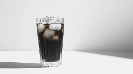 Tall clear glass filled with iced Americano, condensation on the glass, against a plain white background
