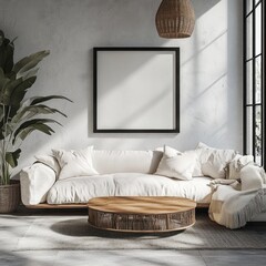 Cozy Living Room with Minimalist Furniture, White Sofa, Large Window, and Decorative Plants in Modern Interior Design