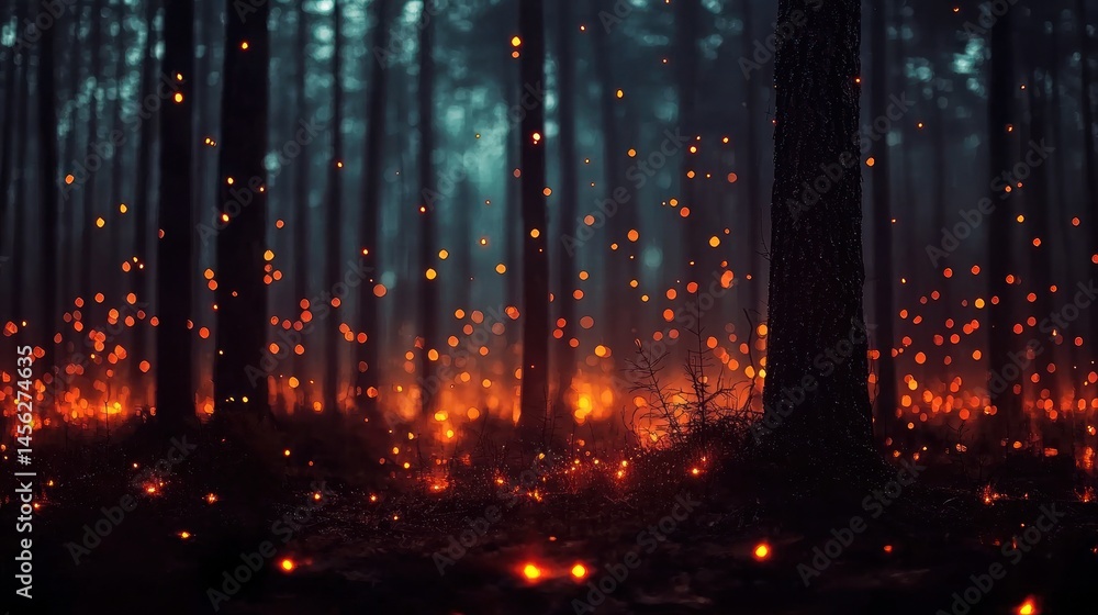 Aufkleber Illuminated forest setting with glowing lights against dark trees background