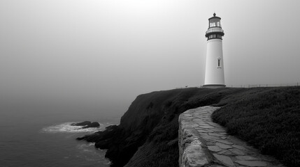 Fototapeta premium Lighthouse on a coastal cliff amidst morning mist and crashing waves
