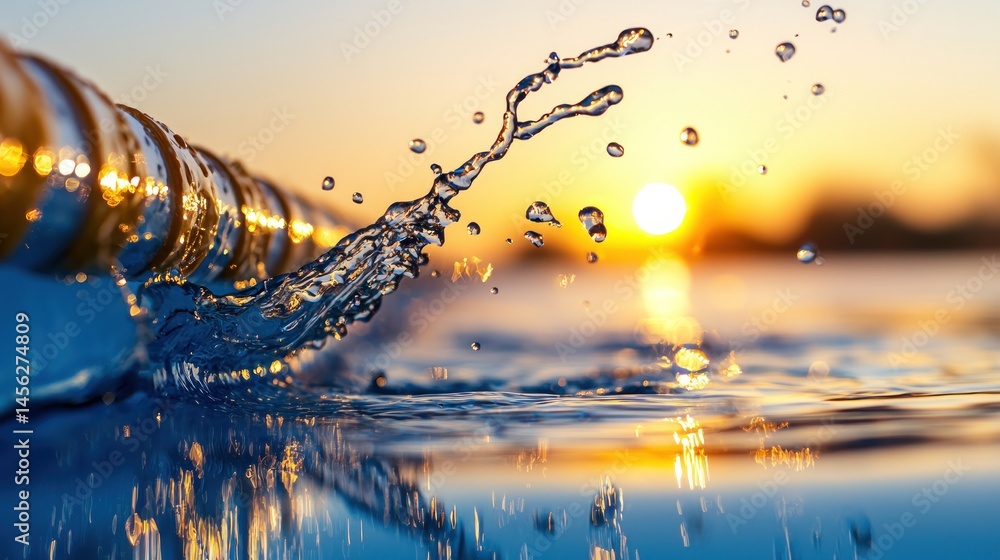Poster a close up view showing water splashing during golden hour