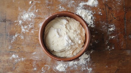 Top-down view of bread dough being mixed in a ceramic bowl with flour scattered on a wooden countertop