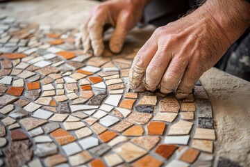 Making mosaics from ceramic tiles. TThe hands of the master during the final work.