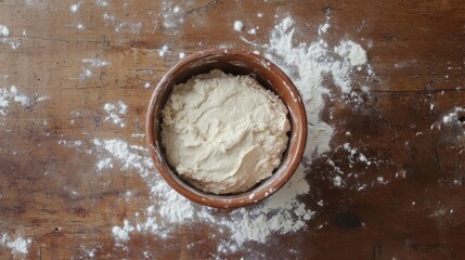 Top-down view of bread dough being mixed in a ceramic bowl with flour scattered on a wooden countertop