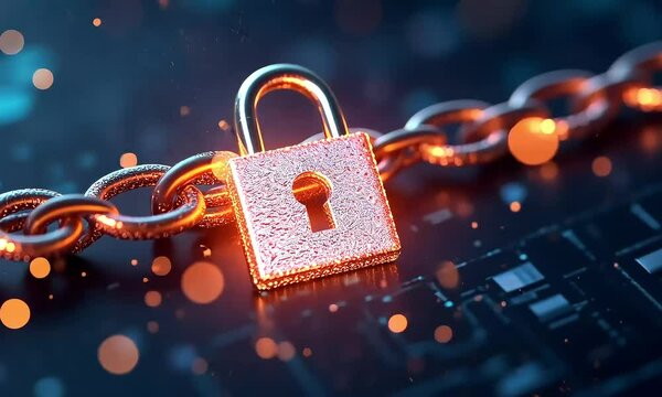 Glowing digital padlock and chains security concept