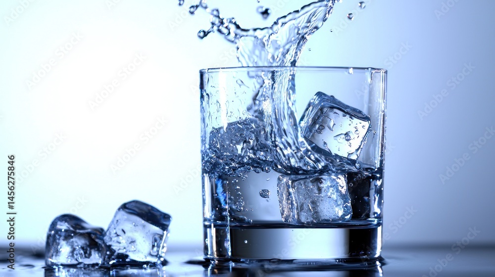 Poster Ice cubes plunging into water causing a refreshing splash effect