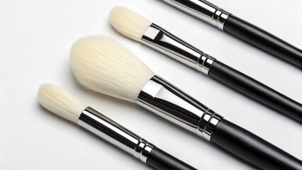 Fototapeta premium Elegant Makeup Brushes Close-up Composition of Three High-Quality Brushes with White Bristles and Black Handles, Makeup Tools, Cosmetic Brushes Makeup Brushes, Beauty Tools