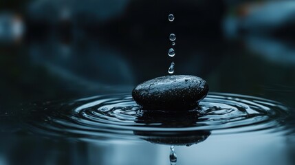 Water droplets hitting a smooth black stone creating ripples in water