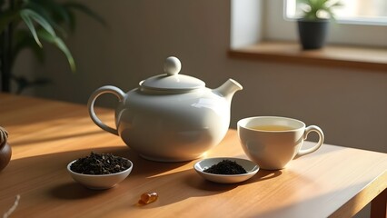 Tea Still Life with Teapot, Cup, and Loose Leaf Tea, Wooden Table, Minimalist Tea Composition