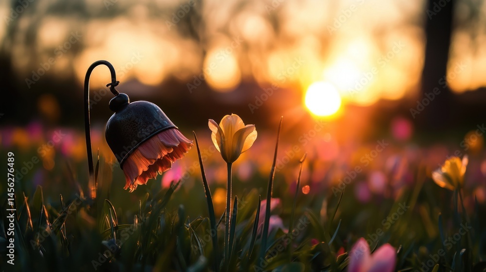 Poster sunlit field of flowers with a decorative flower element
