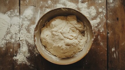 Top-down view of bread dough being mixed in a ceramic bowl with flour scattered on a wooden countertop
