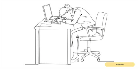 A weary office worker, overwhelmed by fatigue, dozes off at her desk, her fingers still resting on the keyboard as she drifts into sleep amidst the hum of the small office environment