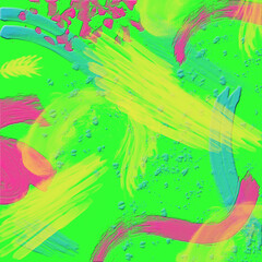 Neon abstract background with bold green, yellow, pink, and blue brushstrokes and textured splashes. Vibrant energetic design ideal for modern art, posters, digital graphics, and creative projects.