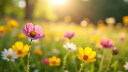 Fototapeta premium Blooming Cosmos Flowers in a Sunny Field with Vibrant Colors and Soft Focus