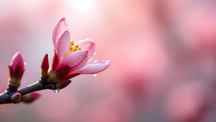 Obraz premium Delicate Pink Almond Blossom with Dew Drops on a Spring Morning, Soft Light
