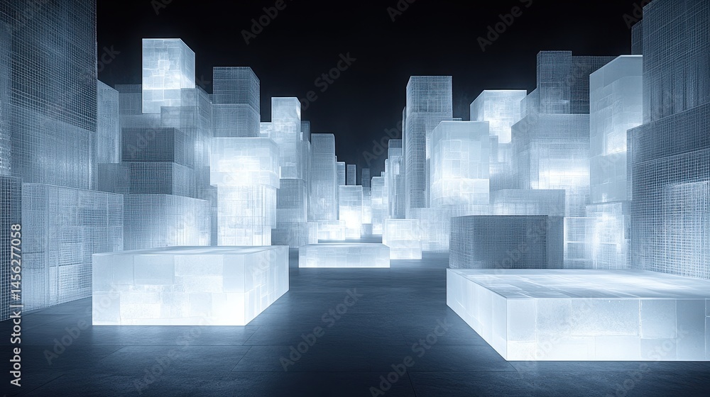 Poster ethereal cityscape, glowing cube architecture in a modern and minimalist style featuring futuristic 