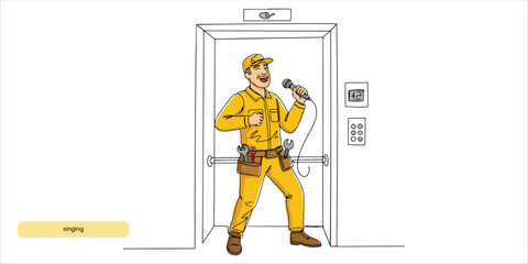 Funny plumber singing in the elevator continuous single line art drawing sketch on white background