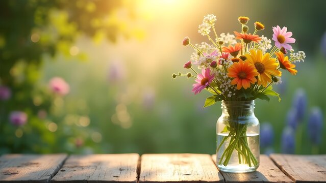 Vibrant flower bouquet of colorful daisies in a glass jar on rustic wooden plank against a sunny garden backdrop