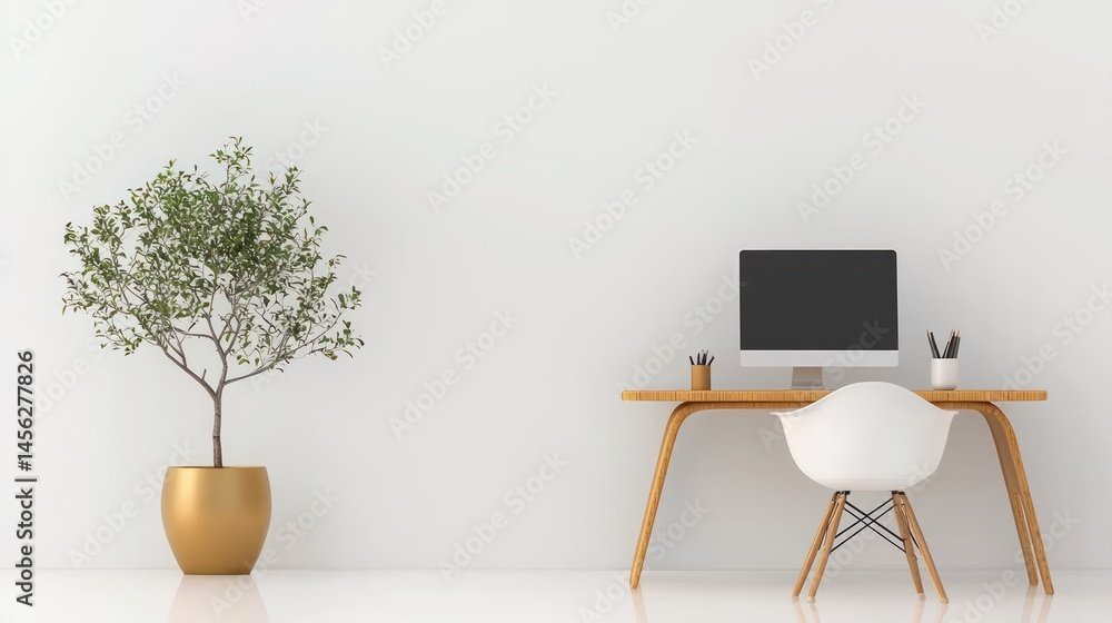 Aufkleber a modern workspace features a desk chair and a small tree