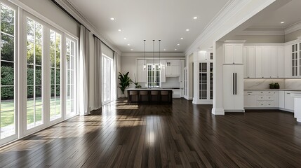 Fototapeta premium Spacious, modern kitchen and dining area interior design.