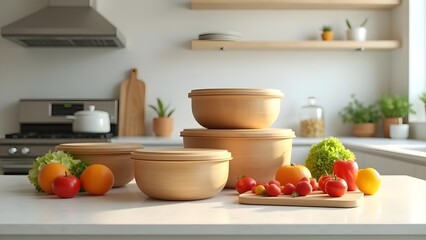 Wooden Bowls with Fresh Produce in a Bright Kitchen, Featuring Oranges, Strawberries, and Vegetables