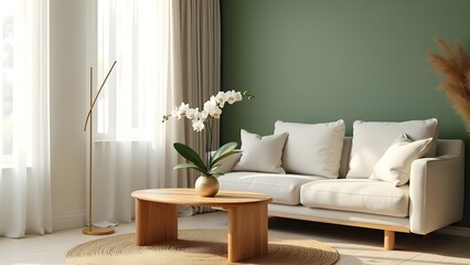 Elegant Living Room Interior with Modern Furniture, Orchid, and Neutral Accents