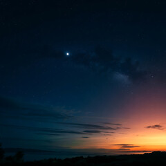 Starry night sky over a tranquil ocean.