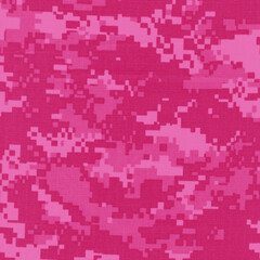 Pink camouflage pixel pattern, abstract texture background design. Seamless vector art. 