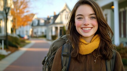 Smiling young woman with backpack in front of town houses
