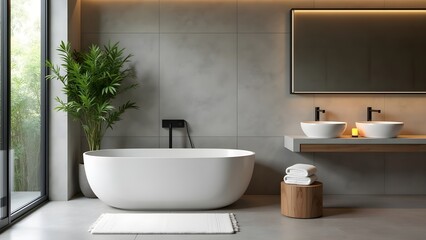 Modern Bathroom Interior with Bathtub, Double Sinks, Illuminated Mirror and Green Plant