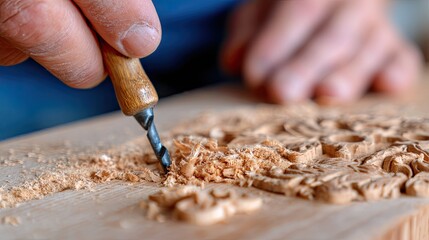 Craftsmanship in wood carving with detailed chisel work and shavings visible.