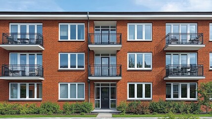 Fototapeta premium Red Brick Apartments Facade with Balconies Residential Building Exterior Architecture Urban Living and Real Estate Development Investment