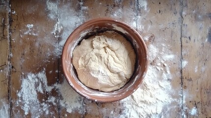 Top-down view of bread dough being mixed in a ceramic bowl with flour scattered on a wooden countertop