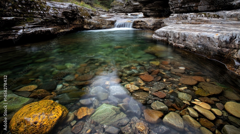 Poster a clear stream flows over rocks and pebbles under rocky cliffs