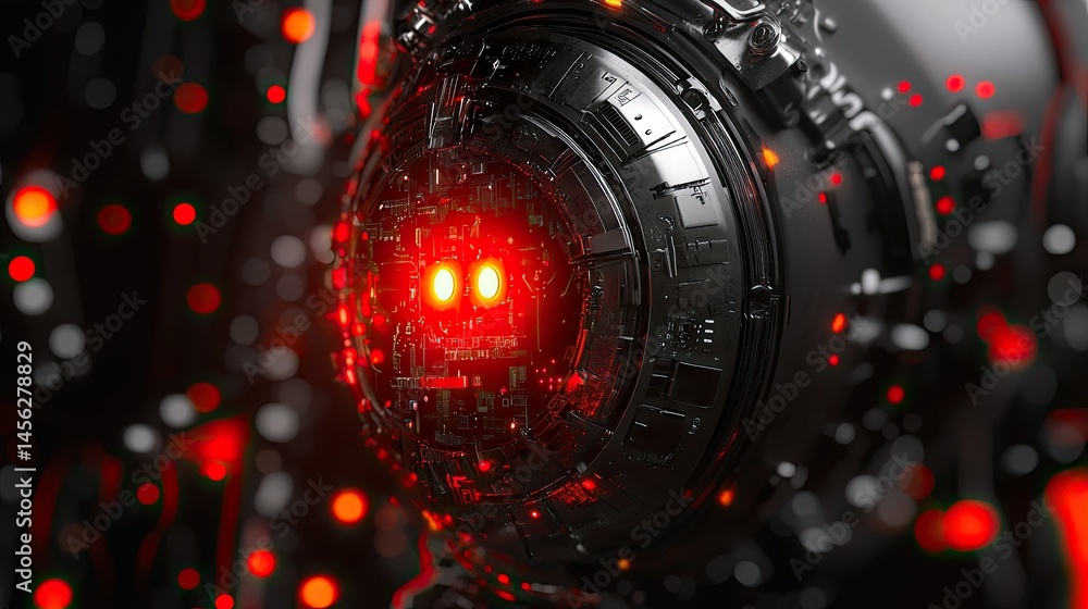 Poster a close up view of a futuristic robot eye detail