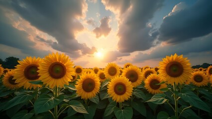 Fototapeta premium Golden Sunflower Field at Sunset Under Dramatic Sky. Captivating nature scene with vibrant blooms and sunlit horizon