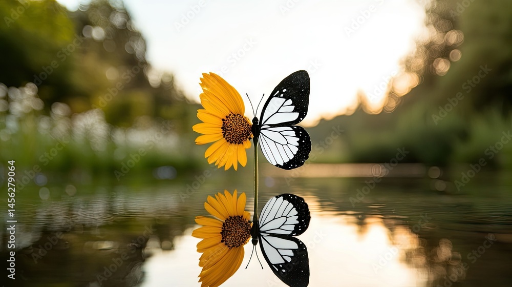 Poster a composite image shows a butterfly and flower reflecting on water