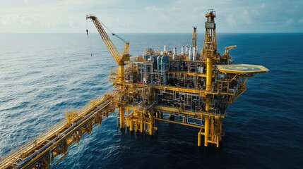 Vibrant blue sky over onshore oil rig installation surrounded by equipment